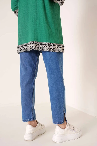 Paça Yırtmaçlı Jean Pantolon Orta Mavi - 3