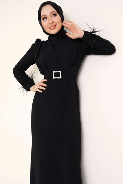 Kol Ucu Tüylü Kemerli Elbise Siyah - 2
