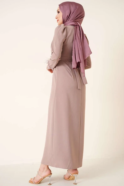 Kol Ucu Tüylü Kemerli Elbise Vizon - 3