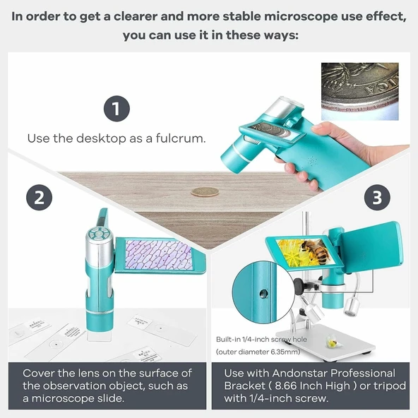 Andonstar AD203 Dijital Para Mikroskobu - Metal Stand & Led Işık - 2