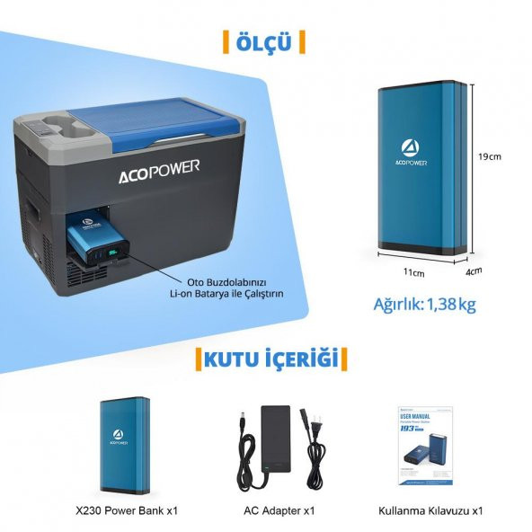 Acopower X230 14.8Volt 13Amper Li-ion Yedek Buzdolabı Aküsü + Powerbank + LED Lamba - 3