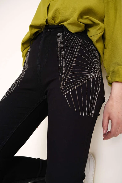 Taş Süslemeli Dar Paça Jean Pantolon Siyah - 4