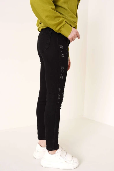 Taşlı Dar Paça Jean Pantolon Siyah - 3