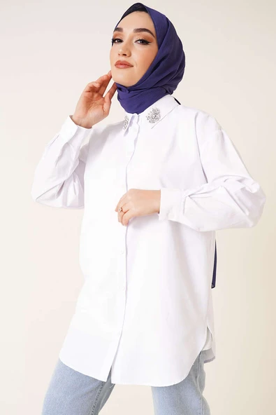 Yakası Taş Detaylı Gömlek Beyaz ürün görseli 1