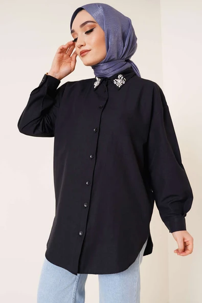 Yakası Taş Detaylı Gömlek Siyah - Resim 2