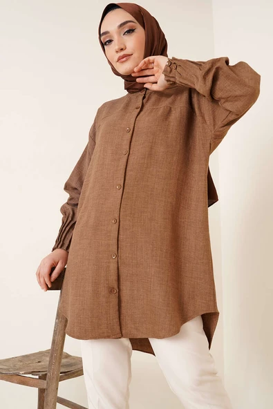 Nervür Detaylı Salaş Gömlek Kahve ürün görseli 1