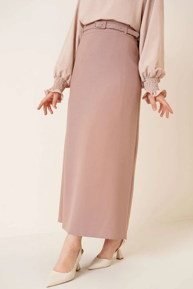 İnce Kemerli Kalem Etek Vizon - 2