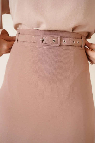 İnce Kemerli Kalem Etek Vizon - 4