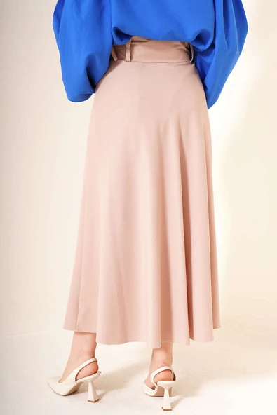 Kalın Kemerli Kloş Etek Bej - Resim 3