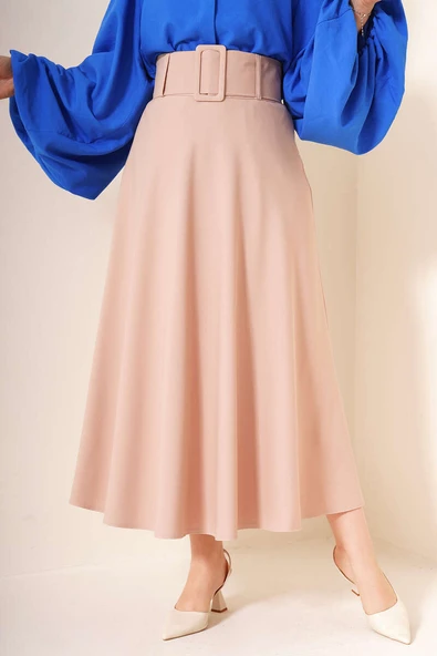 Kalın Kemerli Kloş Etek Bej - Resim 2