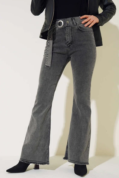 Kemer Görünümlü İspanyol Paça Jean Pantolon Orta Kar - 2