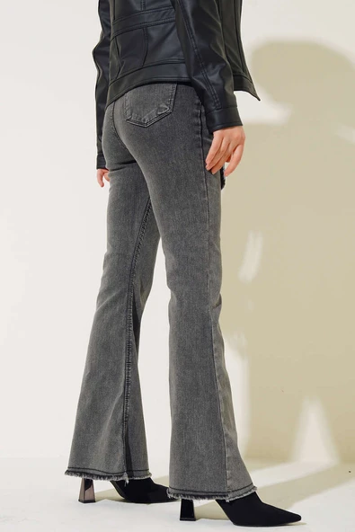 Kemer Görünümlü İspanyol Paça Jean Pantolon Orta Kar - 3