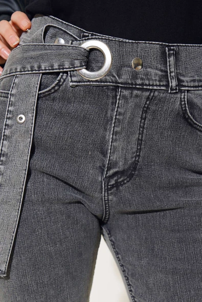 Kemer Görünümlü İspanyol Paça Jean Pantolon Orta Kar - 4