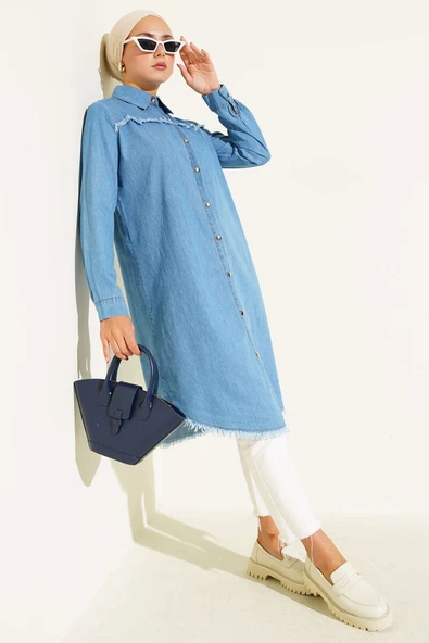 Püskül Detaylı Kot Mavisi Uzun Tesettür Tunik ürün görseli 1