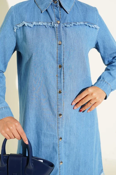 Püskül Detaylı Kot Mavisi Uzun Tesettür Tunik - Resim 4