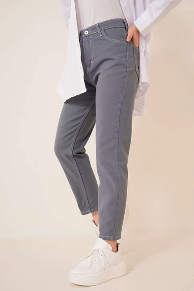 Düz Boyfriend Petrol Yeşili Pantolon - Resim 3