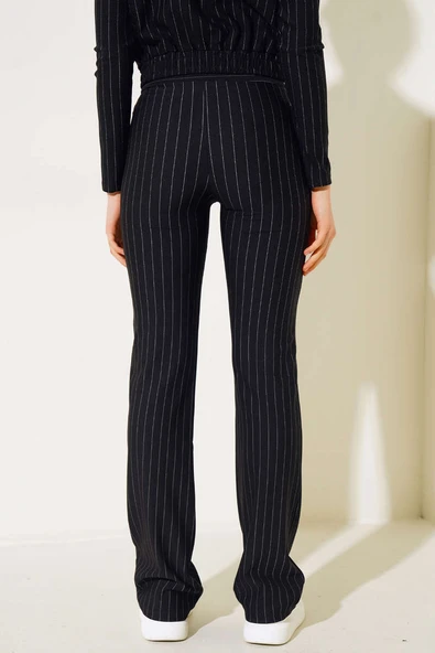 İnce Çizgili İspanyol Paça Pantolon Siyah - Resim 3