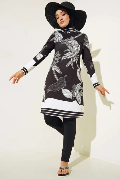 Arma Detaylı Yaprak Desen Tesettür Mayo Siyah ürün görseli 1
