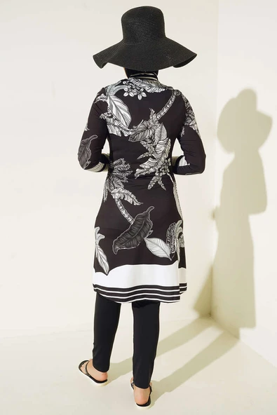 Arma Detaylı Yaprak Desen Tesettür Mayo Siyah - Resim 3