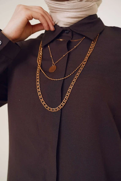 Uzun Model Klasik Yaka Kahve Tunik - Resim 4