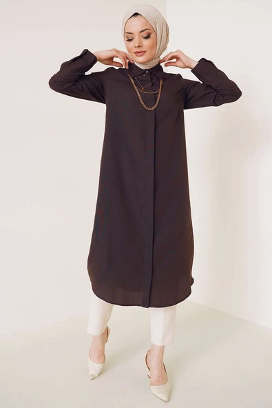 Uzun Model Klasik Yaka Kahve Tunik - Resim 2