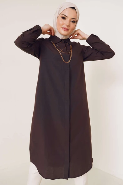 Uzun Model Klasik Yaka Kahve Tunik ürün görseli 1