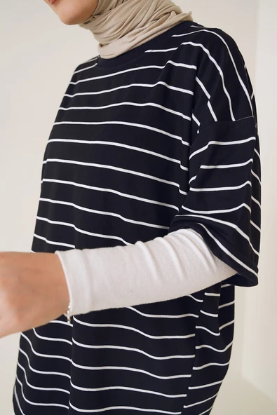 Kısa Kol Basic Çizgili Tshirt Siyah - 4