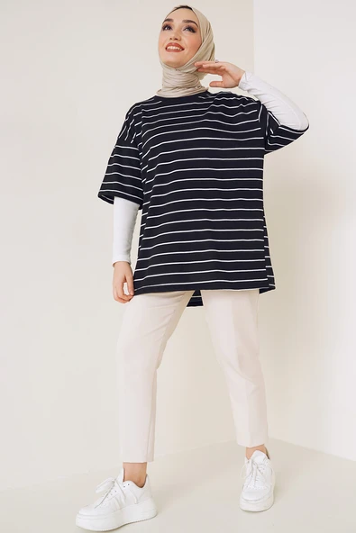 Kısa Kol Basic Çizgili Tshirt Siyah - 2