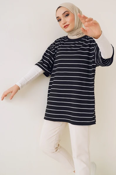 Kısa Kol Basic Çizgili Tshirt Siyah