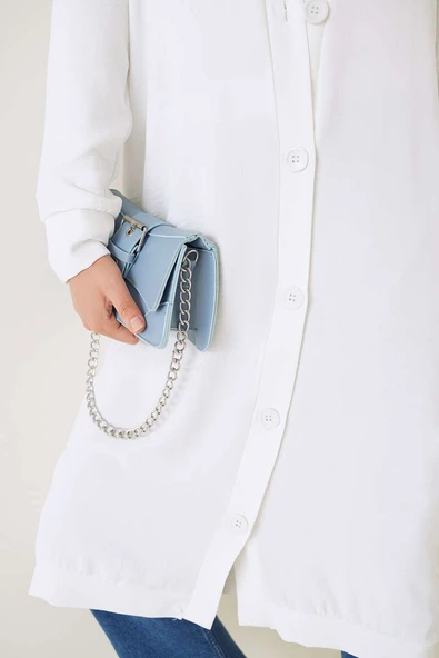 Önü Düğmeli Ayrobin Beyaz Uzun Hırka - 4