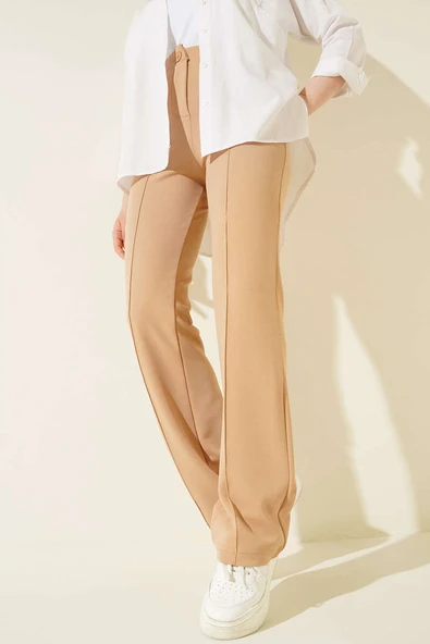 Tek Düğmeli Çımalı Pantolon Latte - Resim 2