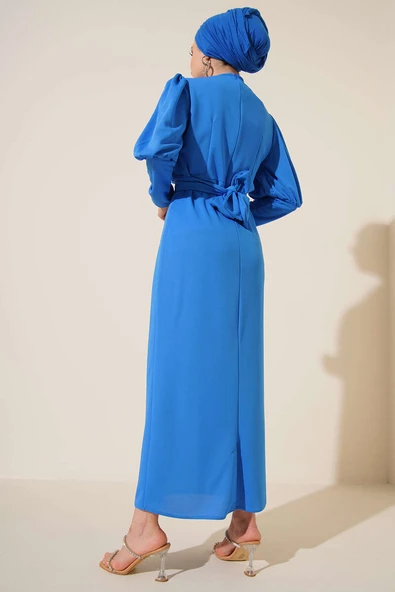 Kapalı Kruvaze Yakalı Elbise Mavi - Resim 3