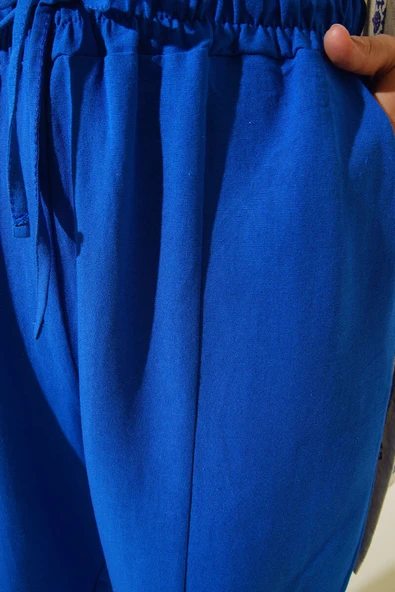 Beli Bağcıklı Keten Pantolon Saks - Resim 4