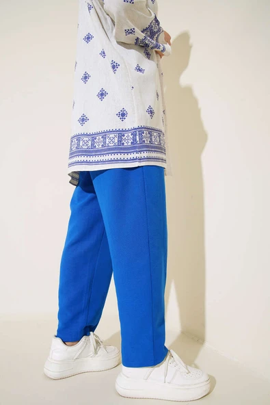 Beli Bağcıklı Keten Pantolon Saks - Resim 3