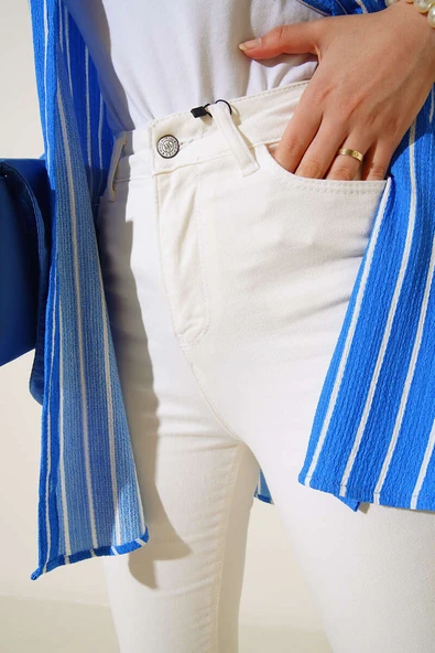 Yüksel Bel İspanyol Paça Pantolon Ekru - Resim 4