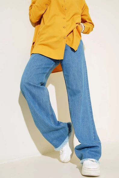 Paçası Püsküllü Orta Mavi Pantolon - Resim 2