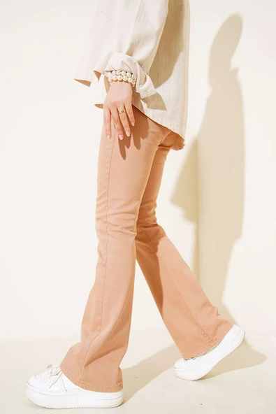 İspanyol Paça Yüksek Bel Camel Jean Pantolon - 3
