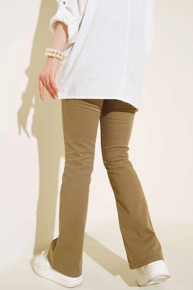 İspanyol Paça Yüksek Bel Haki Jean Pantolon - 3