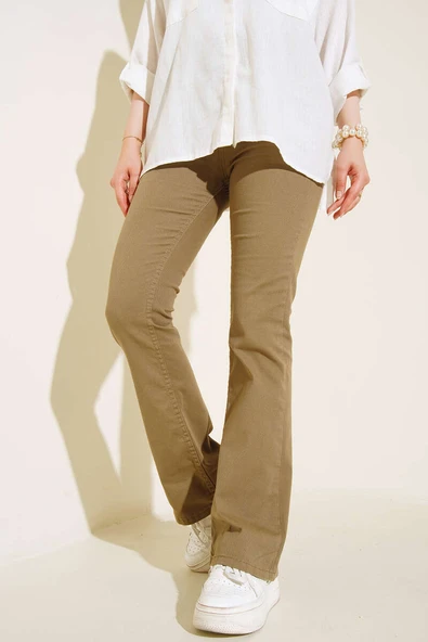 İspanyol Paça Yüksek Bel Haki Jean Pantolon - 2