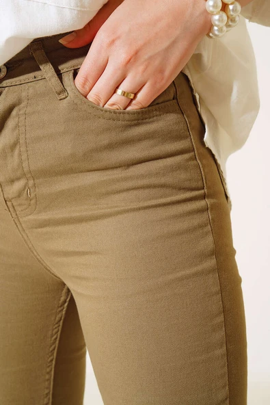 İspanyol Paça Yüksek Bel Haki Jean Pantolon - 4