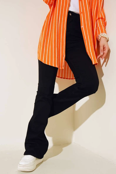 Yüksek Bel İspanyol Paça Pantolon Siyah ürün görseli 1