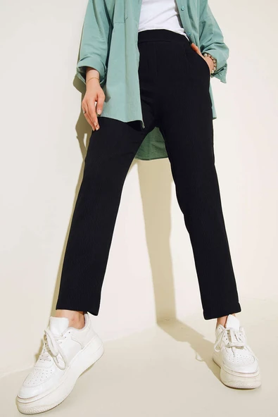 Fitilli Dar Paça Pantolon Siyah - Resim 2