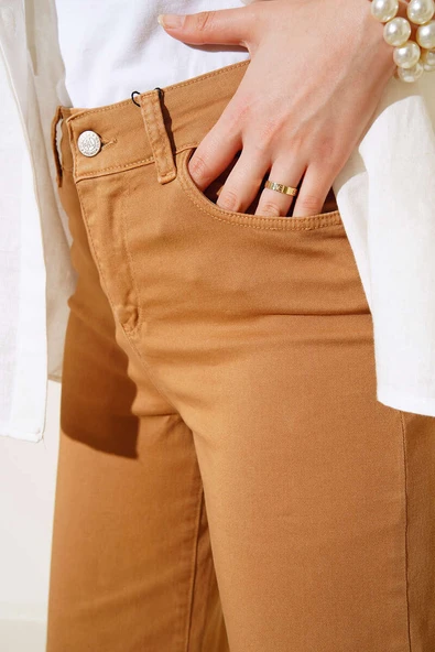 Yüksek Bel Boru Paça Pantolon Camel - Resim 4