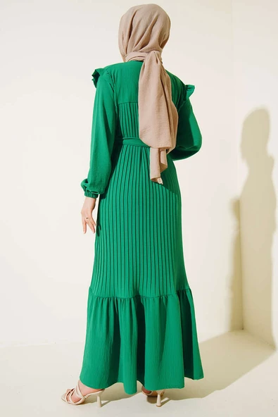 Kuşaklı Pliseli Prenses Elbise Benetton - Resim 3