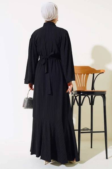 Kolları Boncuk Detaylı Kuşaklı Elbise Siyah - 3