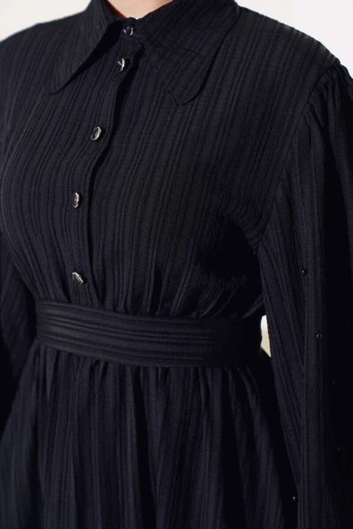 Kolları Boncuk Detaylı Kuşaklı Elbise Siyah - 4