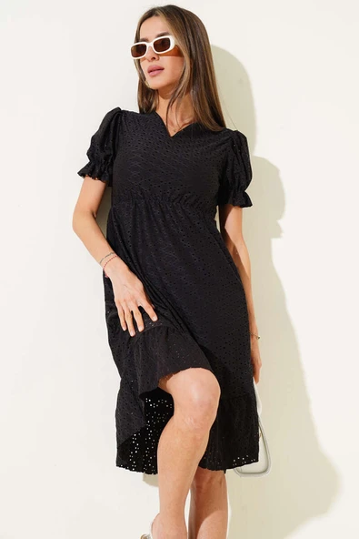 Fırfır Detaylı Brodeli Elbise Siyah - 2