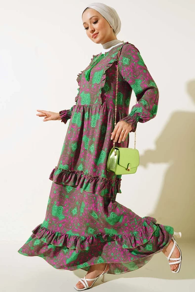 Yakası İpli Fırfır Detaylı Kat Kat Elbise Vizon Yeşil - 2