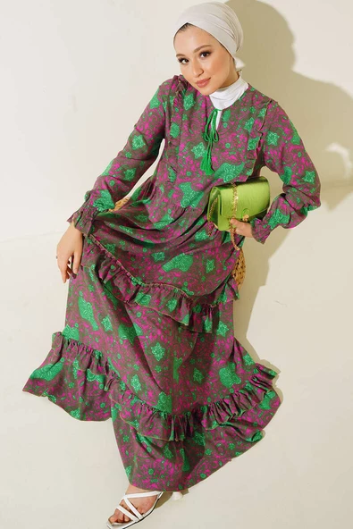 Yakası İpli Fırfır Detaylı Kat Kat Elbise Vizon Yeşil