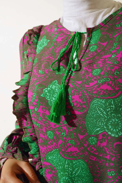 Yakası İpli Fırfır Detaylı Kat Kat Elbise Vizon Yeşil - 4